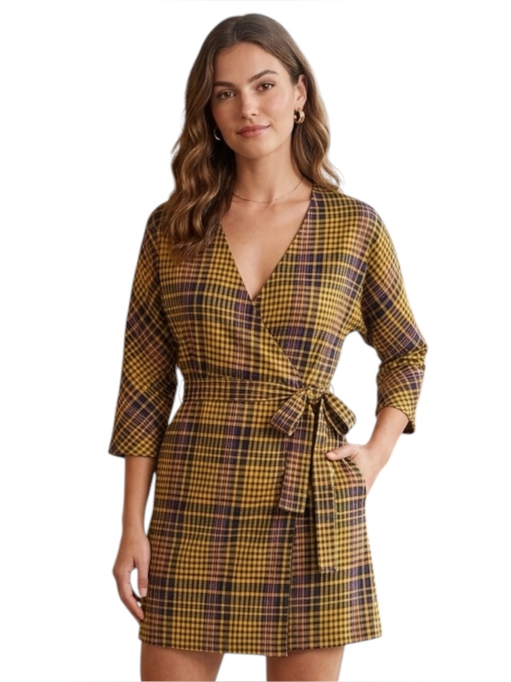 Lovers + Friends Bobbie Mini Plaid Wrap Dress Yellow XXS EUC